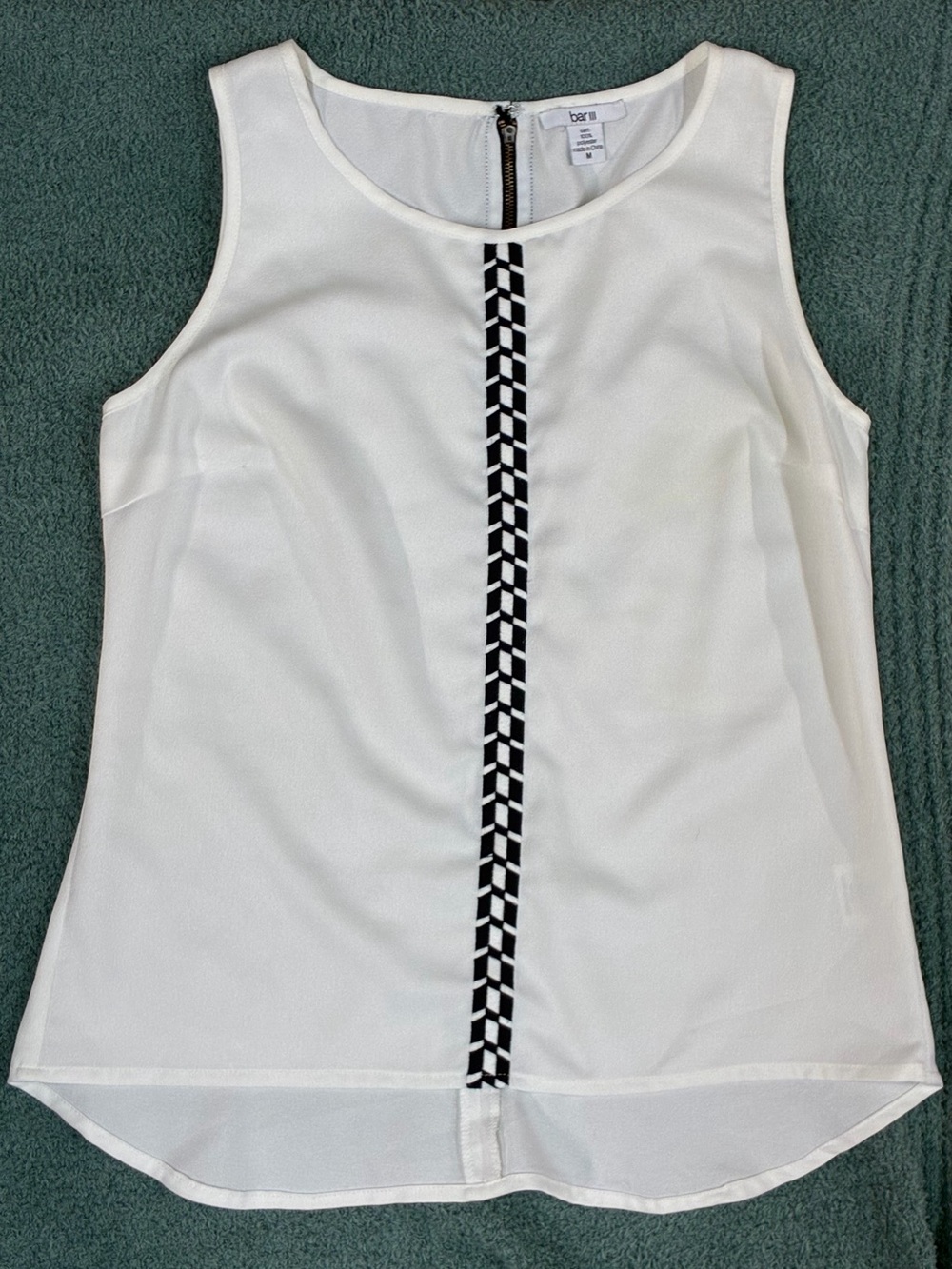 Bar III White Sleeveless Blouse | Women’s Medium | Black Trim & Exposed Back Zip